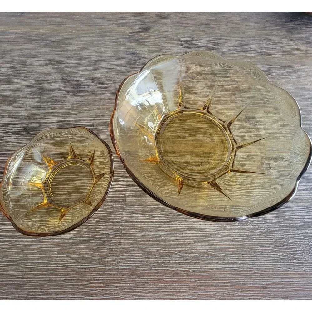 VTG Anchor Hocking Chip Dip Set Yellow Bowl Dish Honey Gold Retro Glass MCM